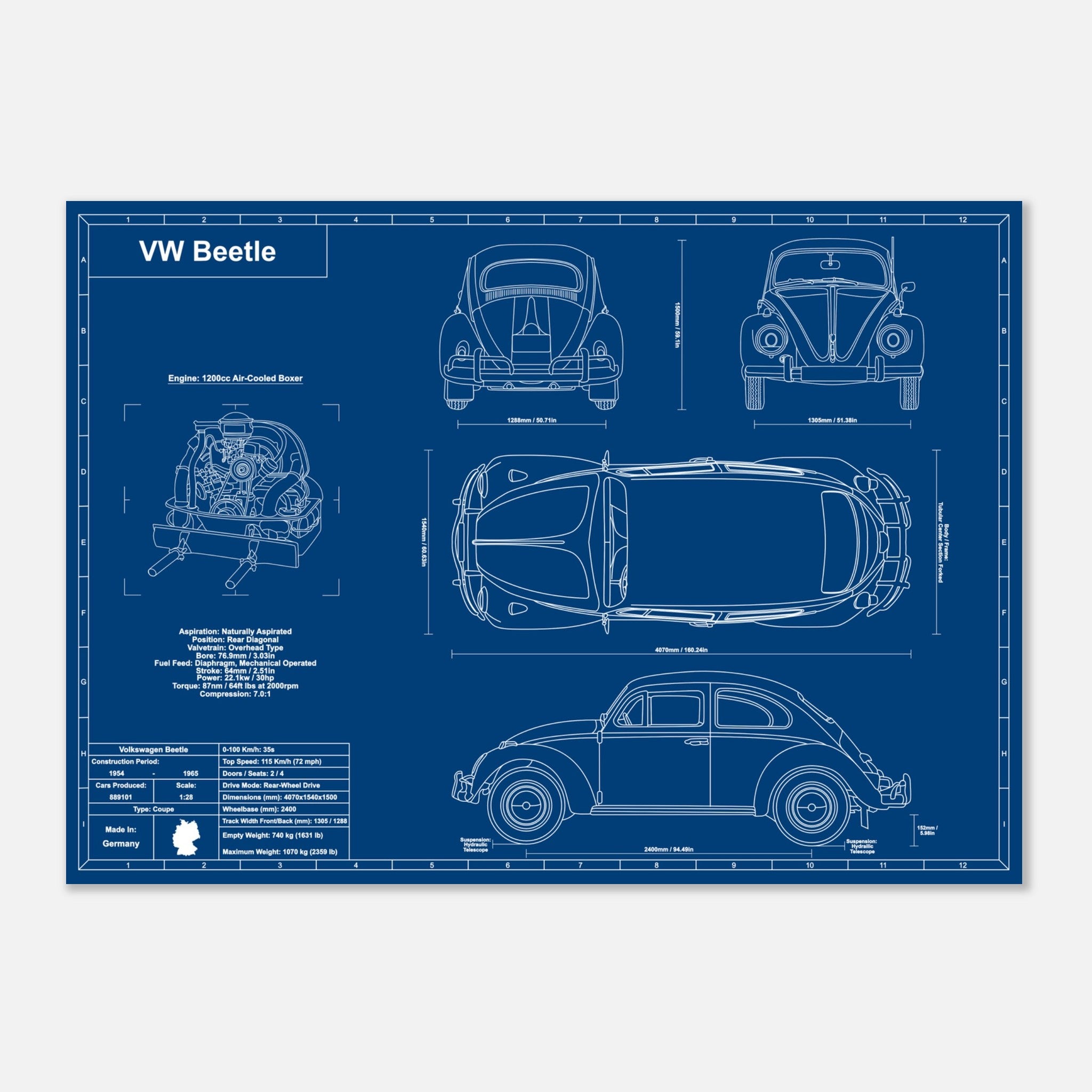 Technical drawing of the VW Beetle - Blueprint – TechDraft